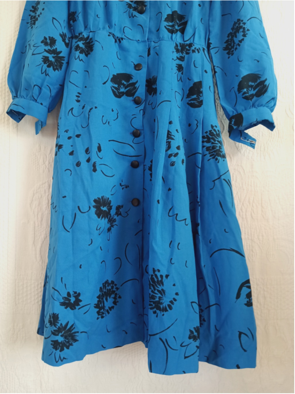 80s Button down Midi shirt Dress electric Blue Black floral vintage secretary M - Picture 13 of 16